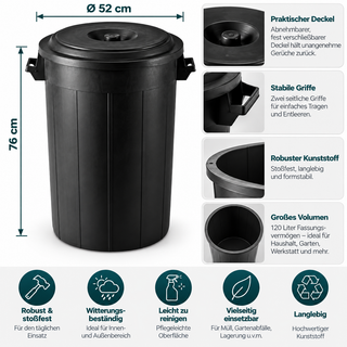 XXL Abfalltonne 120 Liter Volumen mit Deckel, Schwarz