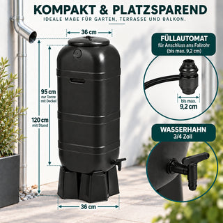 100 Liter Regentonne mit Standfuß, Füllautomat und Wasserhahn (Schwarz)