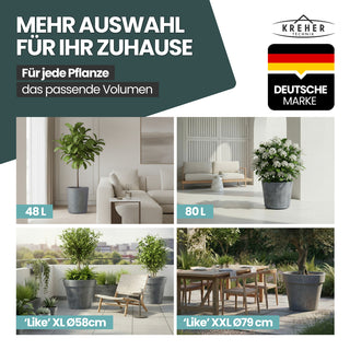 2 x XL Pflanzkübel / Pflanztopf „LIKE“ Ø 58 x H 51 cm - Anthrazit - Rund, Rollbar - in Natur Stein Optik