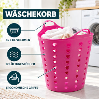 XL Flexibler Wäschekorb 65 Liter Pink - Kunststoffkorb mit Griffen